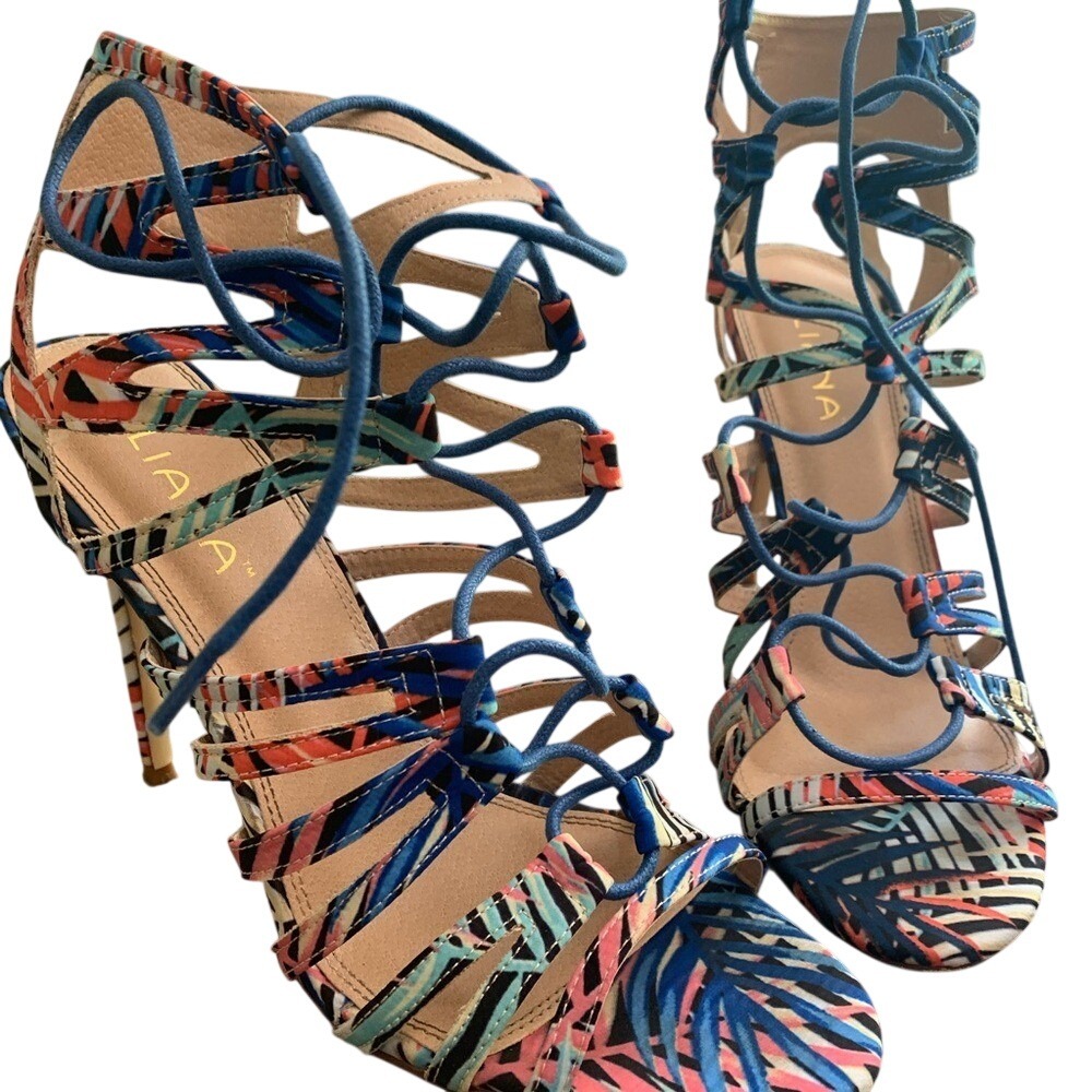 Liliana Tropical Palm Print Lace Up Gladiator Stiletto Heels Blue Pink Orange